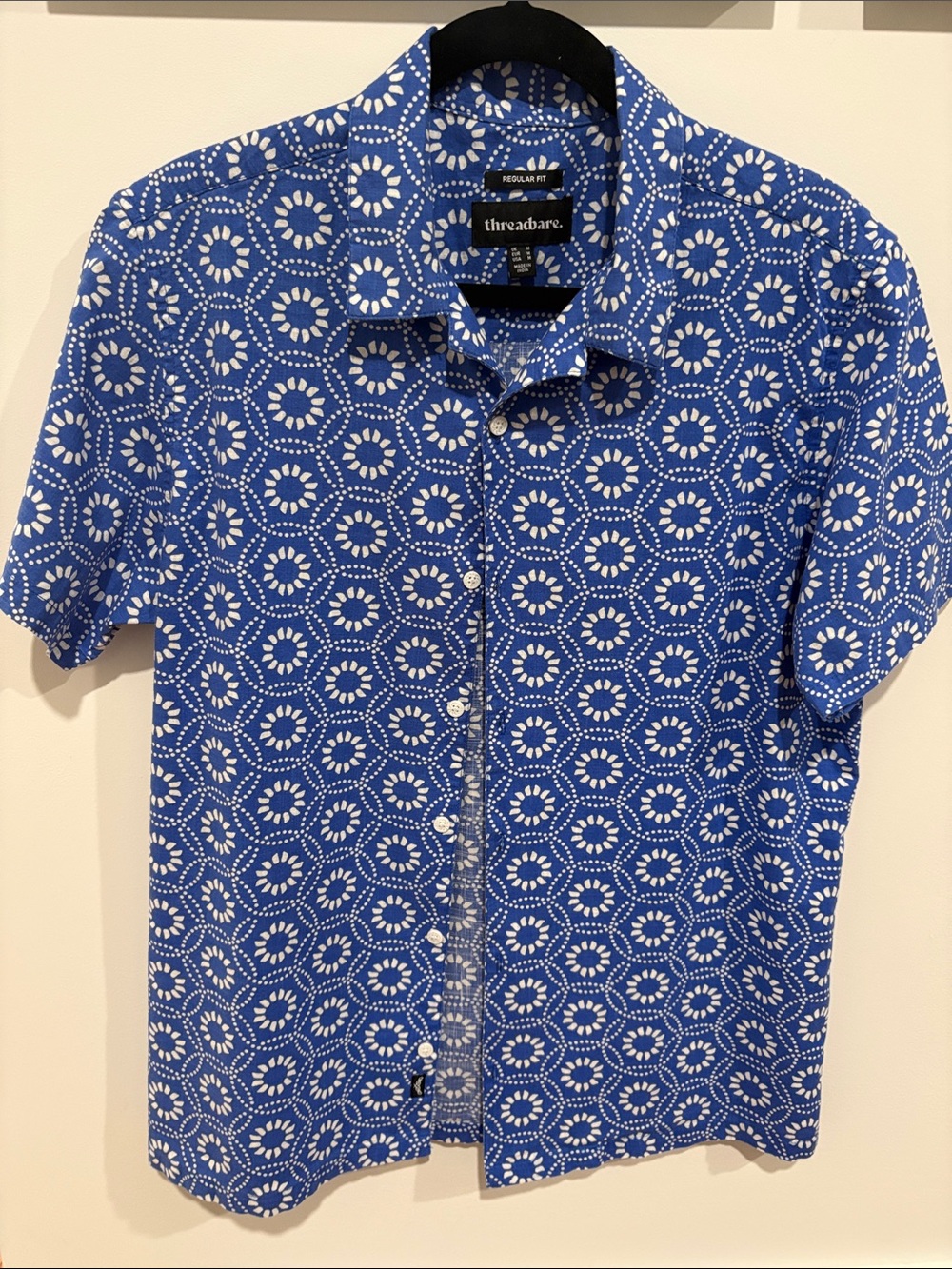 Threadbare Regular Fit Blue Short-Sleeve Printed Button-Down Shirt